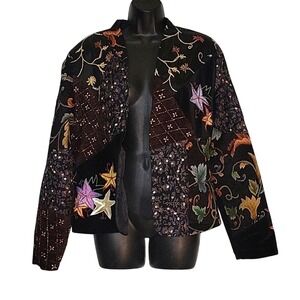 Vintage Black Embroidered Floral Patchwork Blazer Jacket